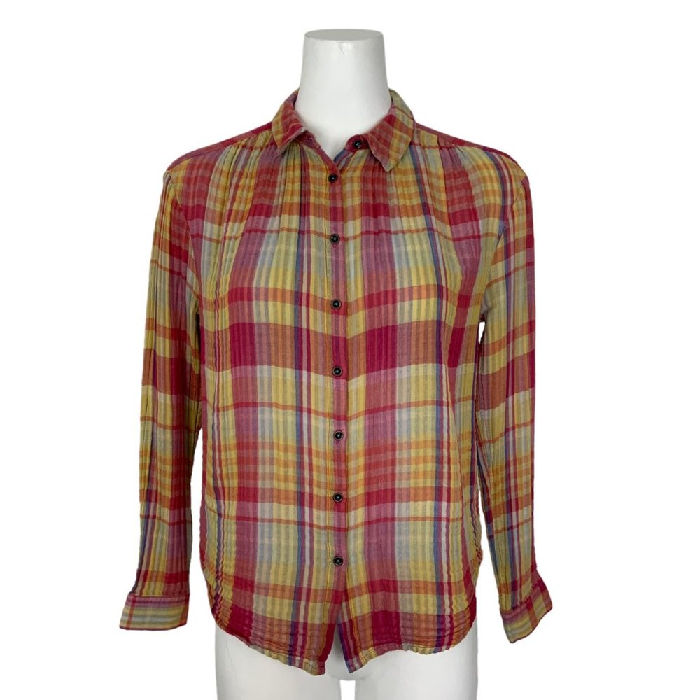 Anthropologie Holding Horses Gailen Buttondown Shirt 6 Plaid Gauze Long Sleeve
